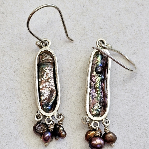 Peacock Stick Natural Pearls Dangle Earrings 925 - Picture 7 of 15